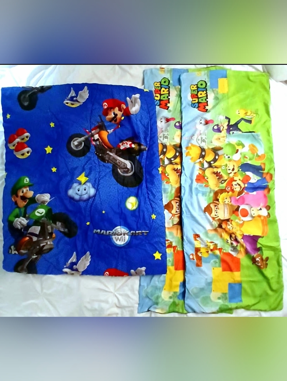 2 Nintendo Super Mario Body Pillowcases & Mario Cart Twin Size Comfort